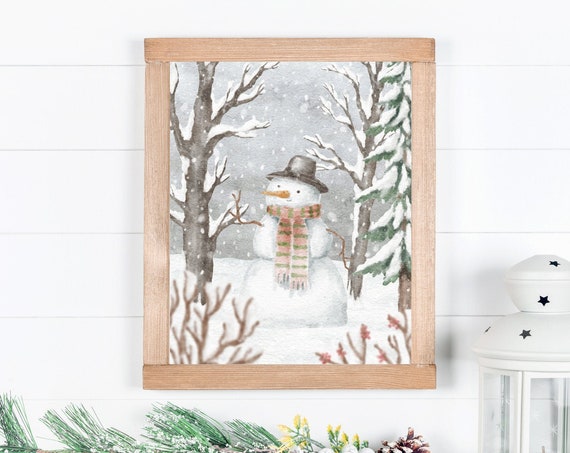 Cute Snowman Winter Wonderland Art Print, Watercolor