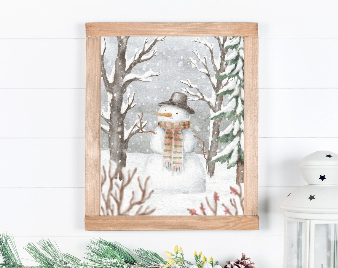 Cute Snowman Winter Wonderland Art Print, Watercolor