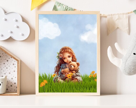 Little Girl with Teddy Bears in a Flower Meadow Nursery Poster