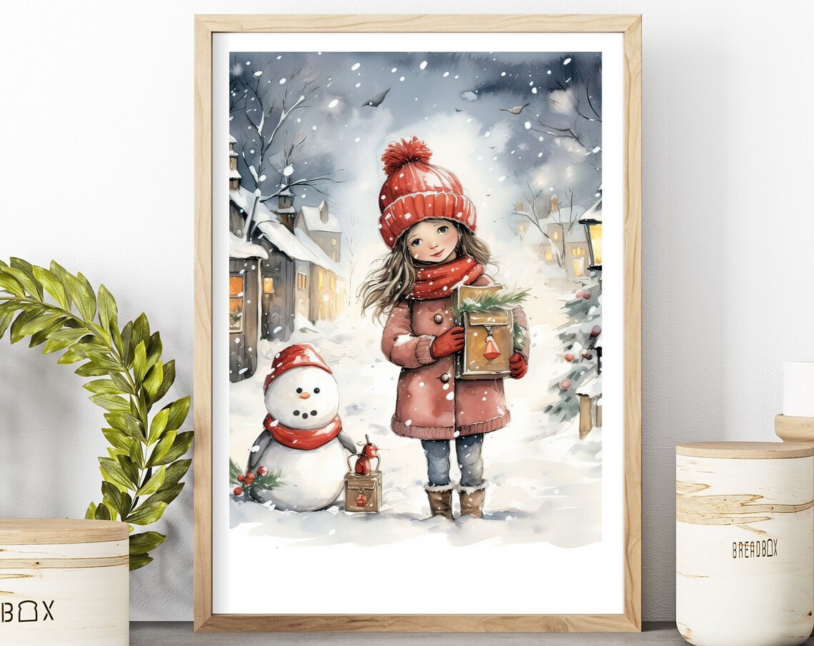 Little Girl With Snowman In Snowy Christmas Village Watercolor Poster - Image 4