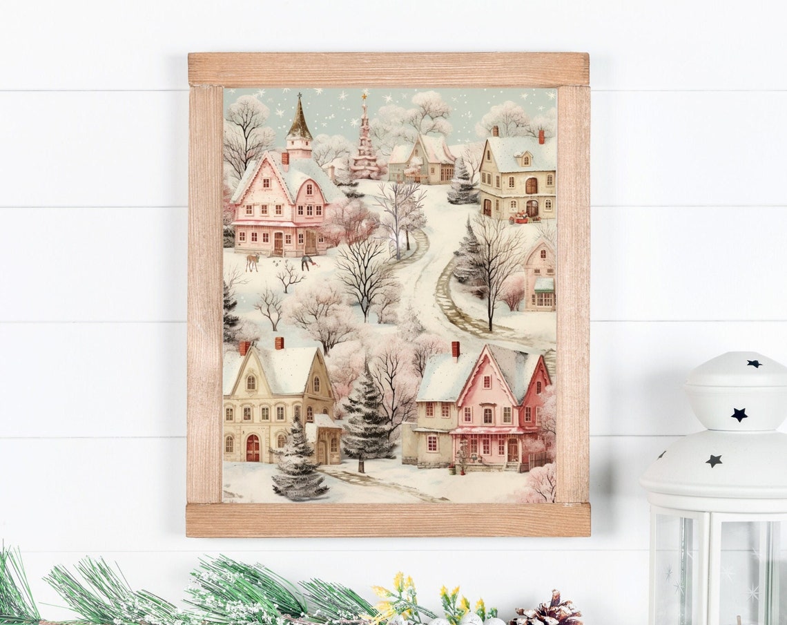 Blush Pink Snowy Village Watercolor Christmas Town Holiday Poster