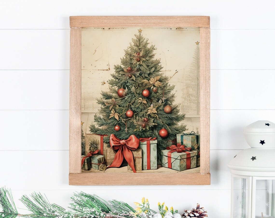Vintage Christmas Tree with Red Bow and Wrapped Gifts Poster