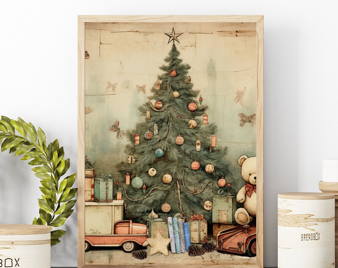 Vintage Christmas Tree with Old Toys Nostalgic Holiday Poster - Image 2