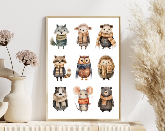 Winter Animals Art Print Forest Animals Nursery Decor Watercolour Holiday Art Print Cute Animals Kids Room Art Christmas Decor
