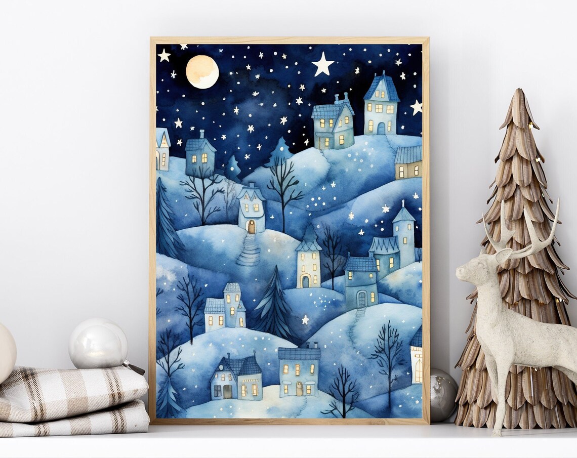 Winter Village Art Print, Starry Christmas Town