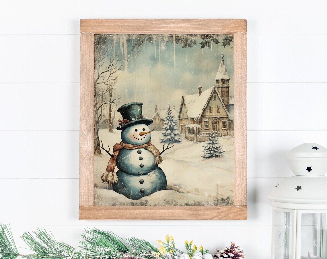 Vintage Snowman in a Snowy Village Winter Wonderland Christmas Poster