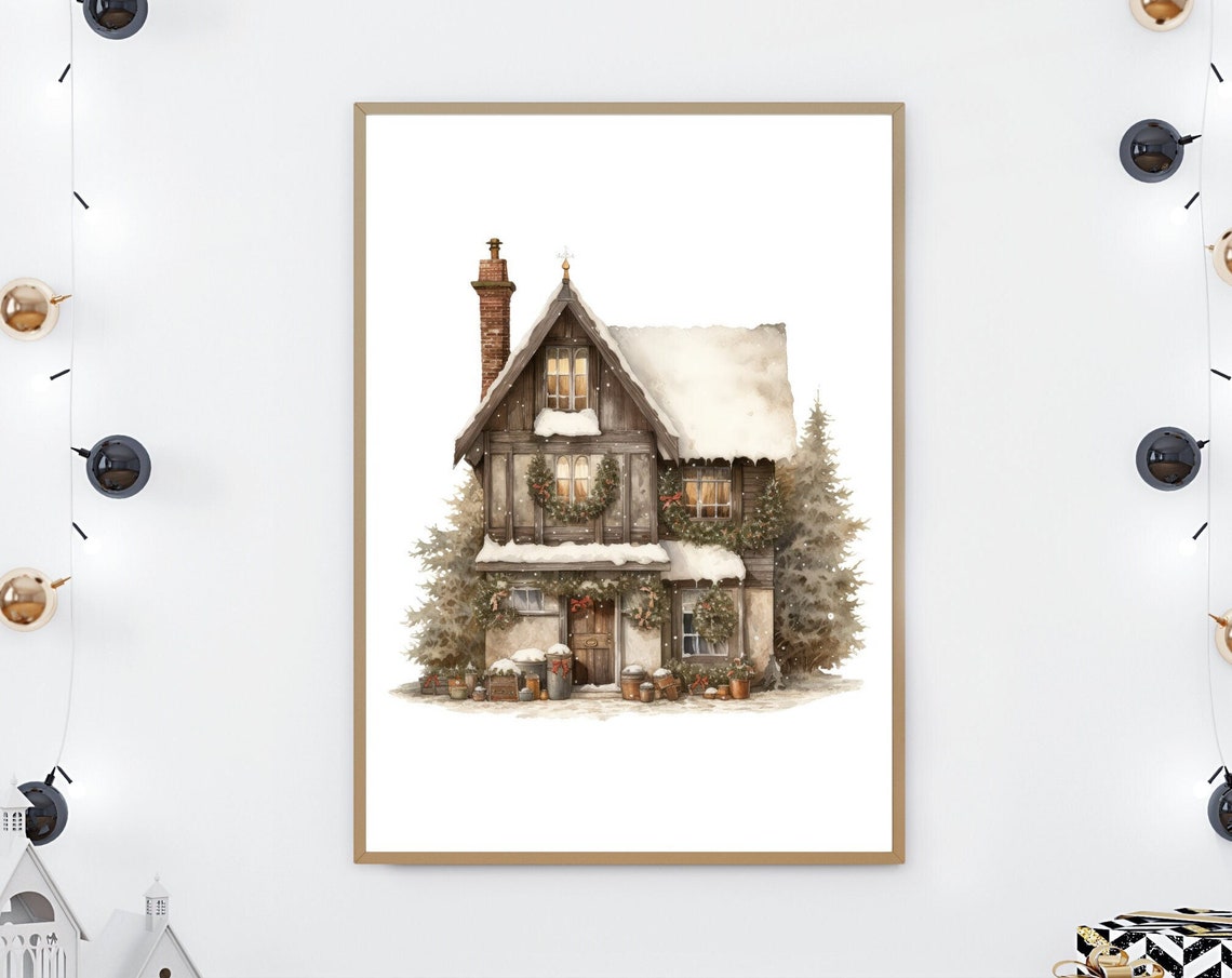 Snowy Rustic Christmas House With Wreaths Watercolor Art Poster