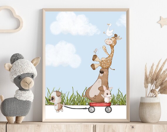 Puppy Pulling Red Wagon With Animal Friends Watercolor Nursery Poster