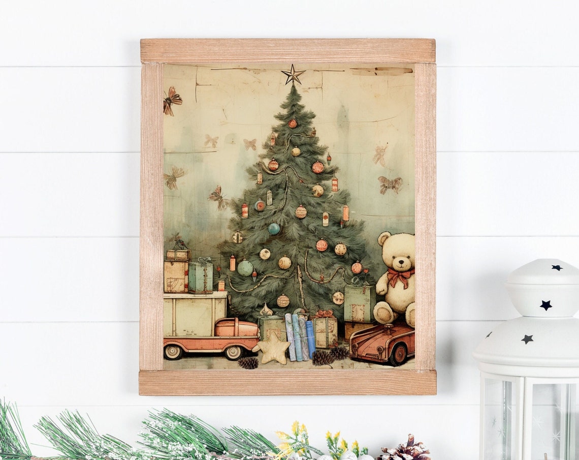 Vintage Christmas Tree with Old Toys Nostalgic Holiday Poster