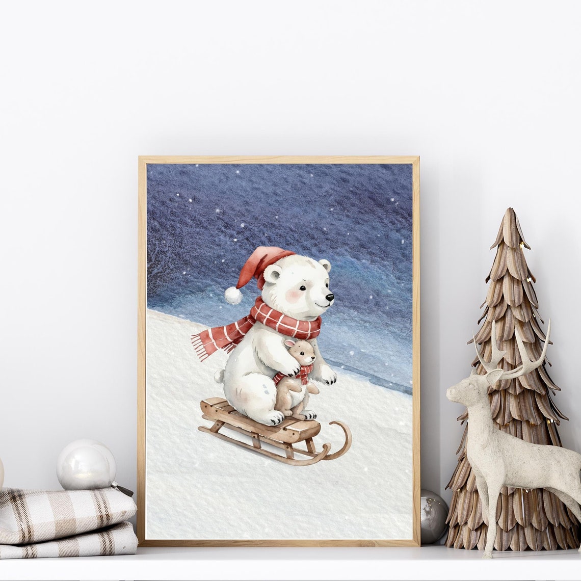 Polar Bear Sledding Winter Night Poster Cute Christmas Nursery Decor
