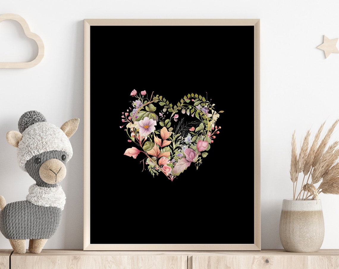 Watercolor Floral Heart Botanical Bouquet Black Background Print
