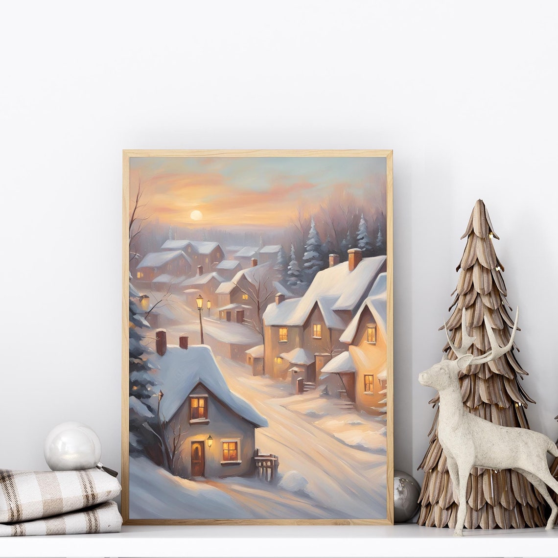 Snowy Winter Town Art Print Sleepy Winter Village Wall Art Snowy Landscape Christmas Scene Winter Wonderland Holiday Art Print