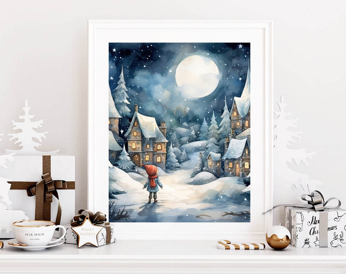 Moonlit Snowy Village Winter Watercolor Christmas Scene Poster