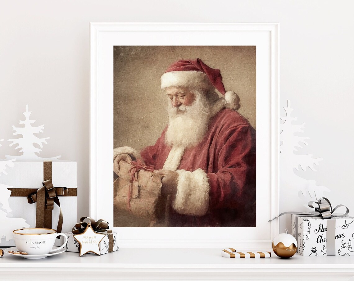 Santa Claus with a Gift Sack Vintage Oil Painting Christmas Poster