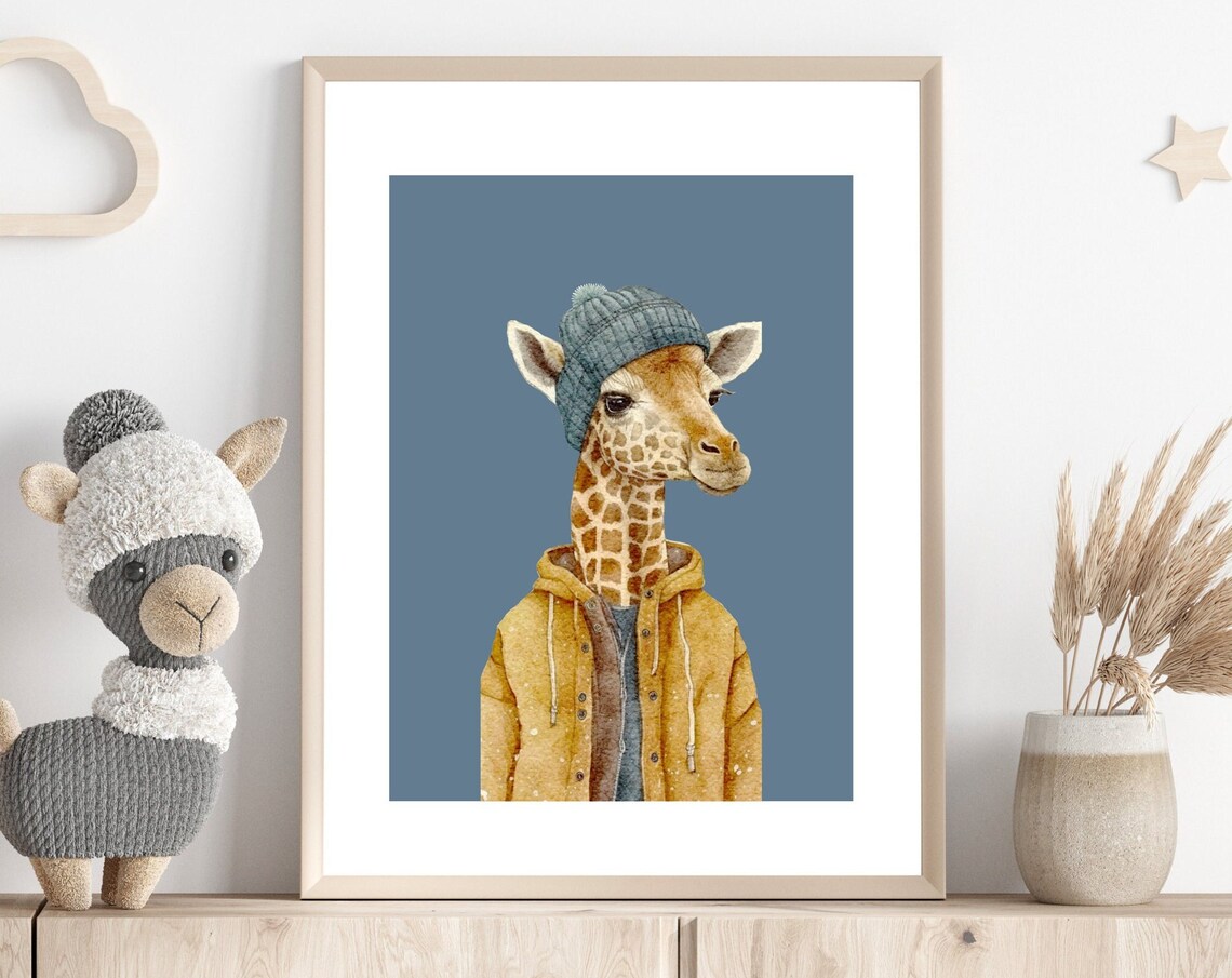 Funny Giraffe Nursery Wall Art Teen Boys Room Wall Decor Cool Dude Giraffe In Clothing Kids Room Art Stylish Animal Print Gift For Boy