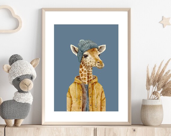 Funny Giraffe in Beanie and Yellow Raincoat Nursery Wall Print