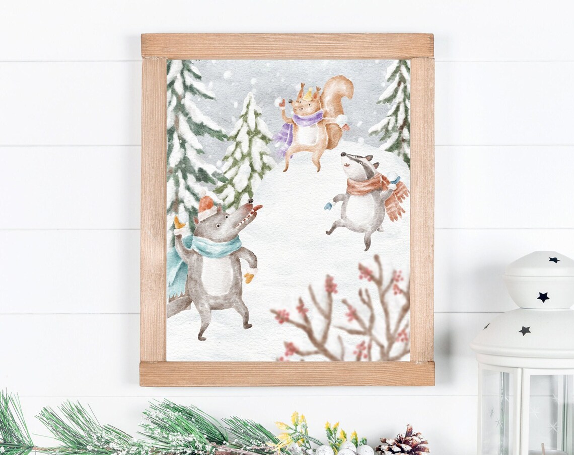 Woodland Animals Playing in a Snowy Forest Watercolor Poster