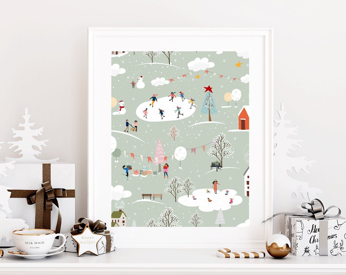 Busy Winter Village Art Print, Holiday Decor
