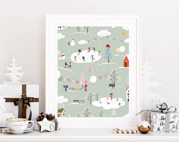 Busy Winter Village Art Print, Holiday Decor
