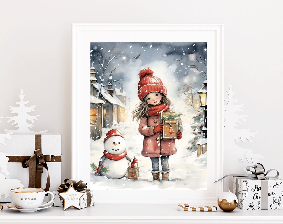 Little Girl With Snowman In Snowy Christmas Village Watercolor Poster