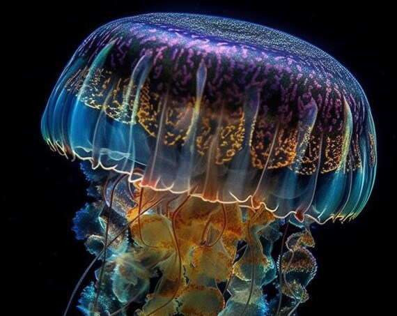 Glowing Iridescent Jellyfish Purple Blue Deep Sea Artwork Poster
