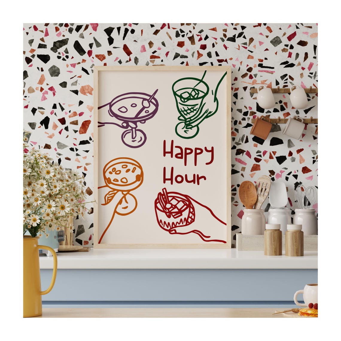 Trendy Happy Hour Colorful Cocktail Hands Cheers Bar Wall Poster - Image 3