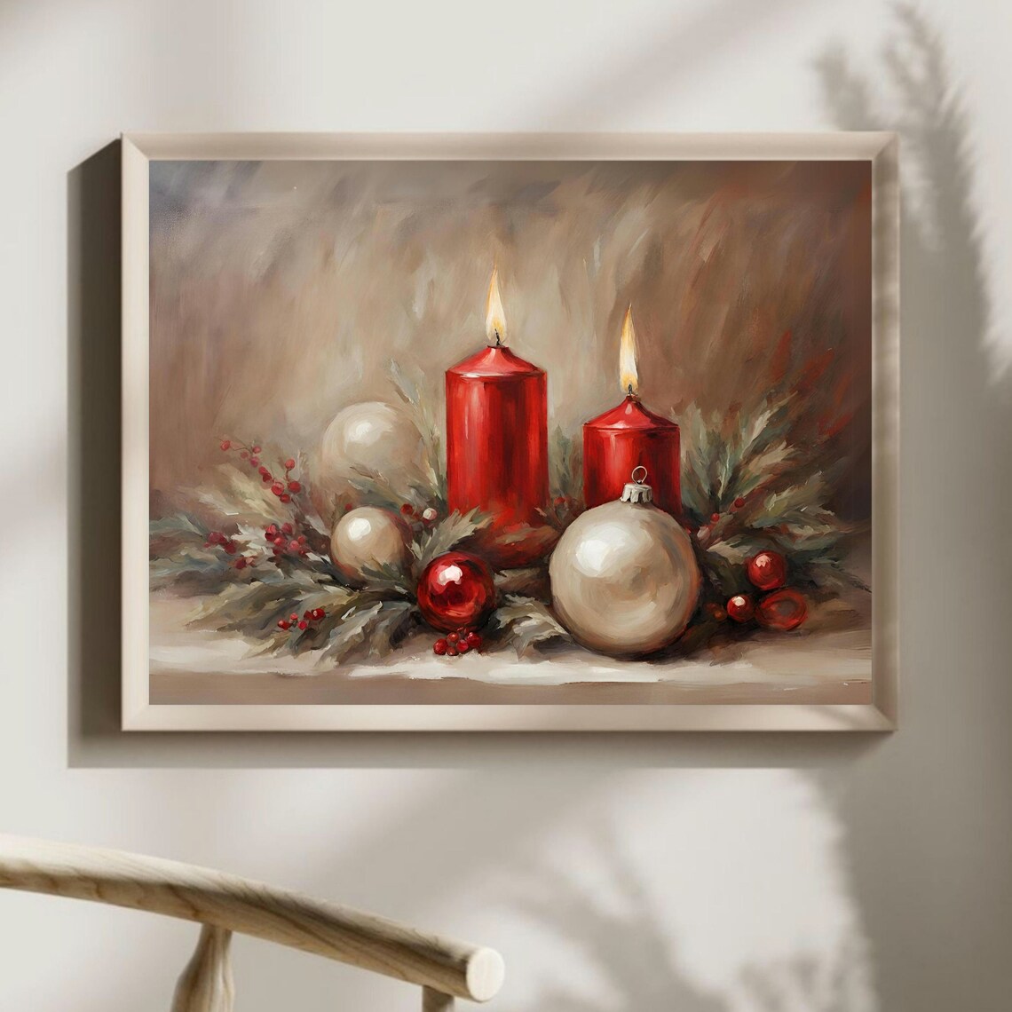 Red Candles Ornaments Christmas Still Life Oil Painting Wall Art - Image 3