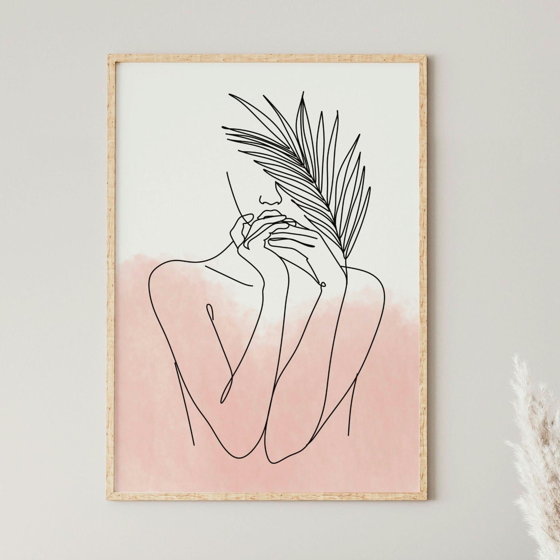 Abstract Line Art Woman Palm Leaf Pink Watercolor Boho Poster