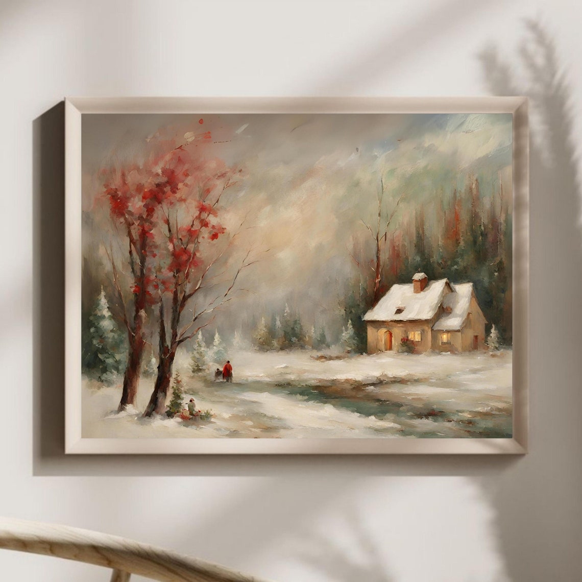 Snowy Cabin Winter Landscape Red Tree Vintage Oil Painting Poster - Image 2