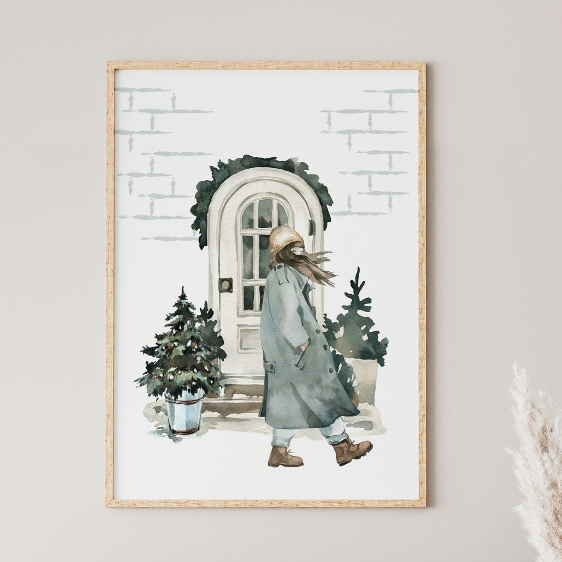 Watercolor Winter Christmas Print Watercolor Winter Landscape Walking Girl In Green Coat Winter Season Print Holiday Art Print