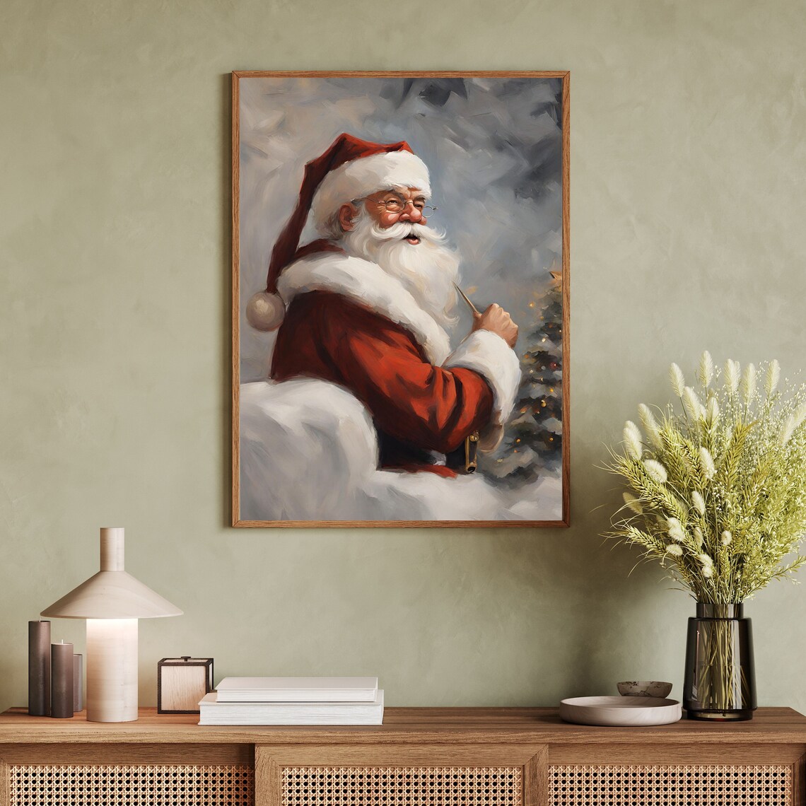 Vintage Santa Claus Oil Painting Pipe Christmas Portrait Poster - Image 2