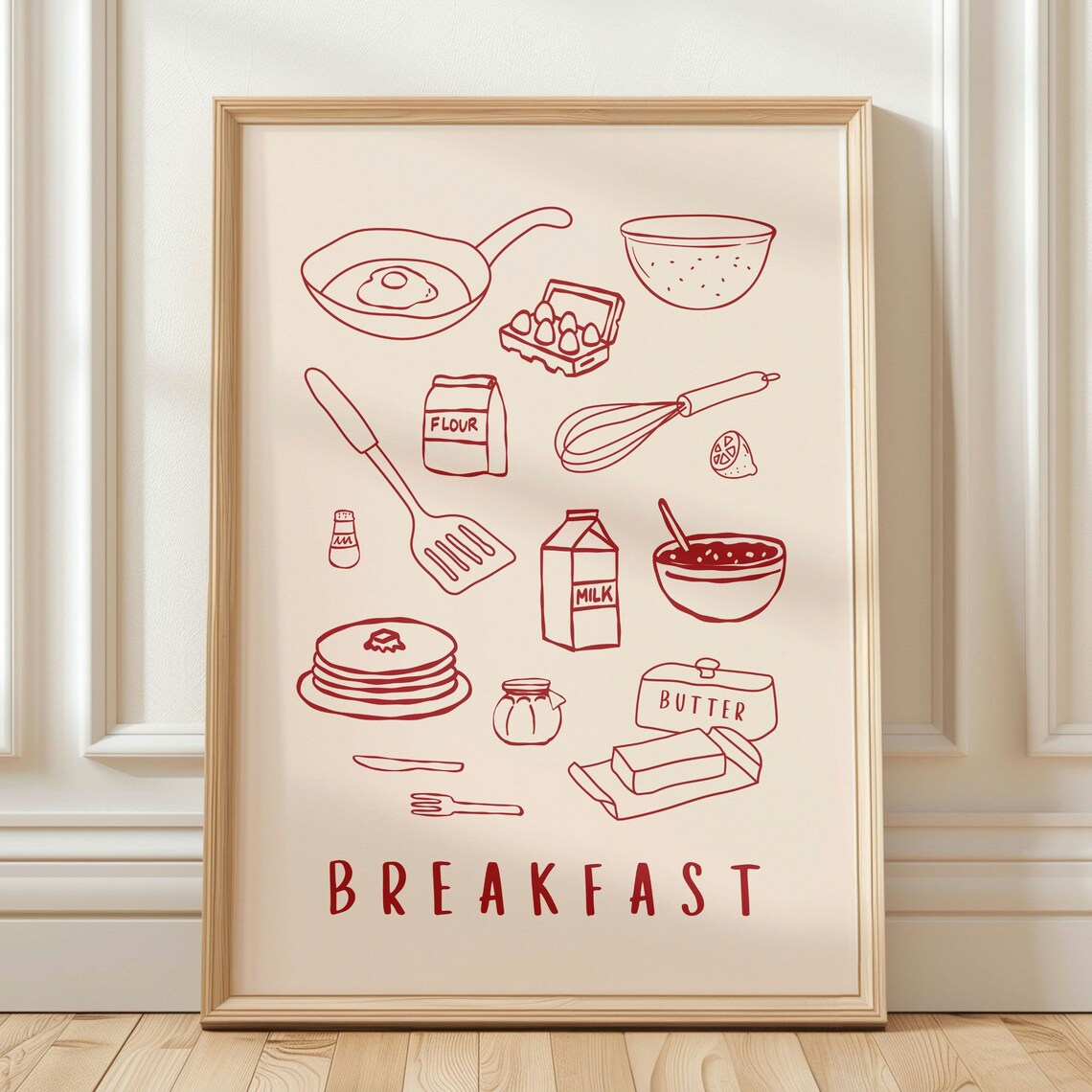 Hand Drawn Breakfast Food Icons Minimalist Red Line Art Poster - Image 3