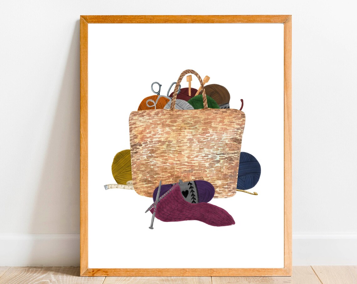 Yarn Knitting Needles Sign Watercolor Craft Room Art Print