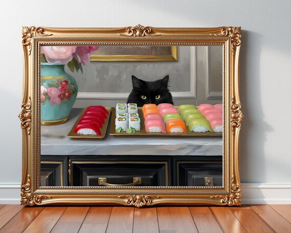 Black Cat Eyeing Sushi Platter Funny Kitchen Oil Painting Poster