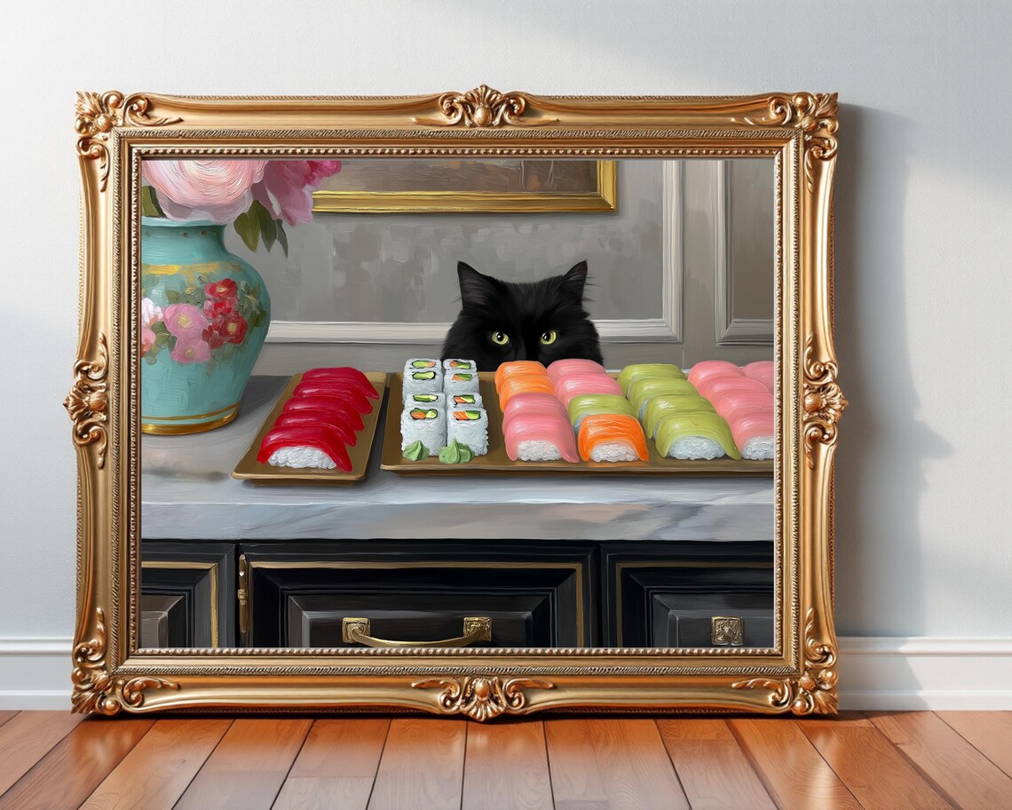 Black Cat Eyeing Sushi Platter Funny Kitchen Oil Painting Poster