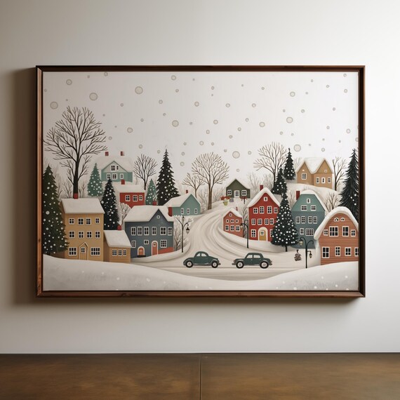 Snowy Christmas Village Vintage Cars Winter Holiday Scene Poster