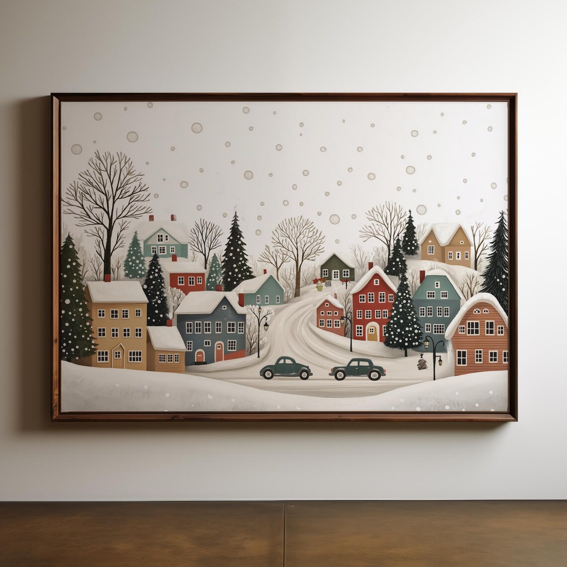 Snowy Christmas Village Vintage Cars Winter Holiday Scene Poster