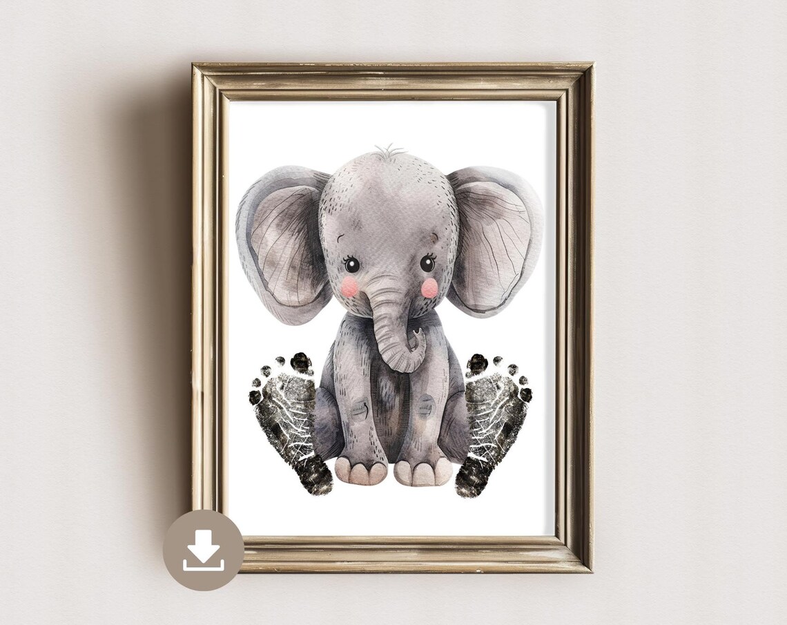 Cute Watercolor Baby Elephant Footprint Nursery Keepsake Poster