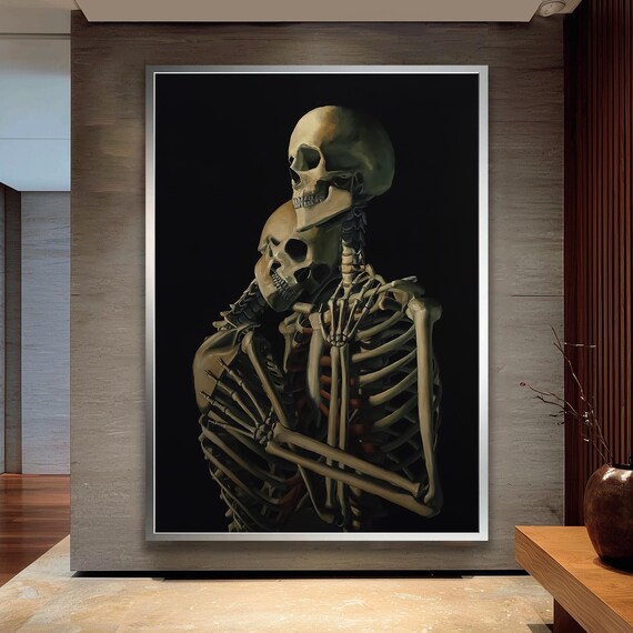 Skeleton Lovers Canvas Wall Art Gothic Skull Couple Painting Dark Macabre Artwork Unique Alternative Home Decor Print