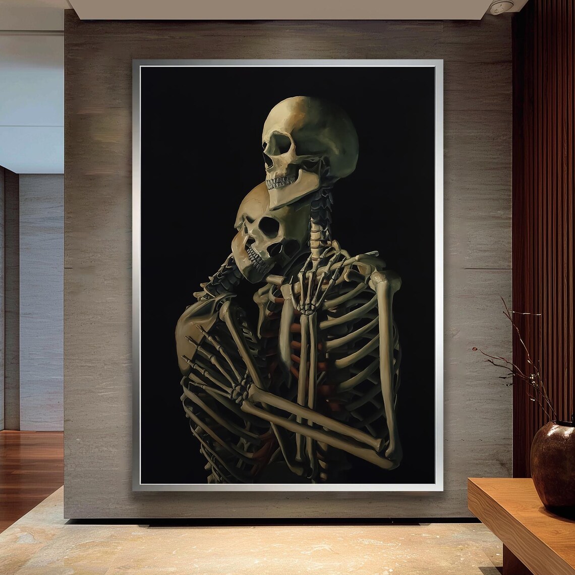 Skeleton Lovers Canvas Wall Art Gothic Skull Couple Painting Dark Macabre Artwork Unique Alternative Home Decor Print