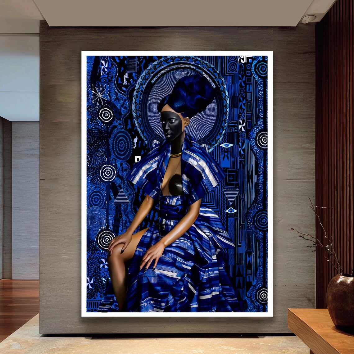 Modern Abstract African Woman Blue Portrait Tribal Art Poster