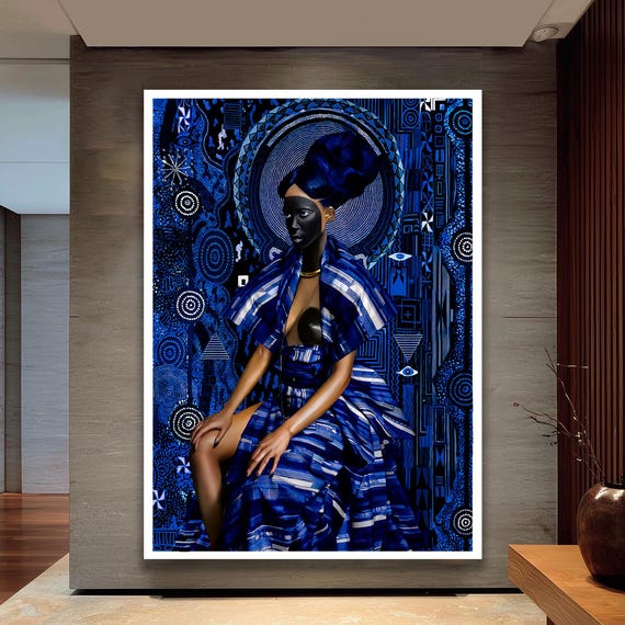 Modern Abstract African Woman Canvas Wall Art Large Blue Portrait Painting Contemporary Home Decor For Living Room Bedroom Office