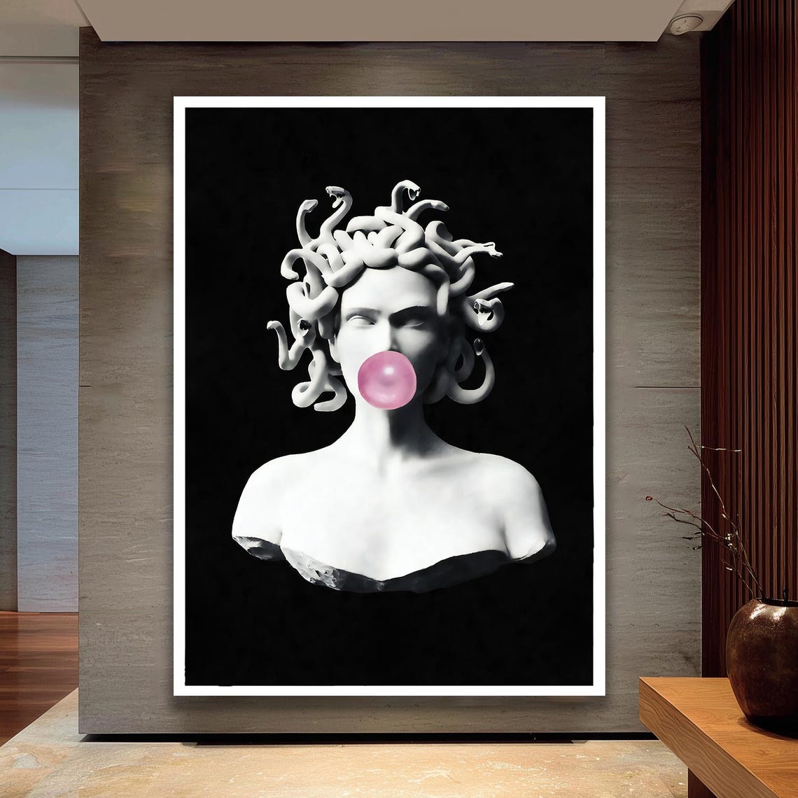 Marble Medusa Bust Blowing Pink Bubblegum Pop Art Mythology Poster