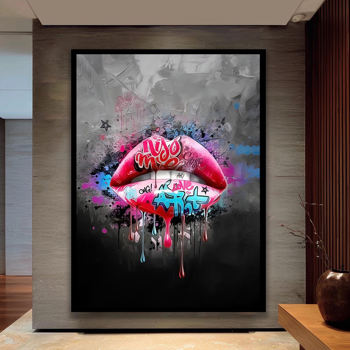 Pink Graffiti Lips With Dripping Paint Urban Street Style Poster