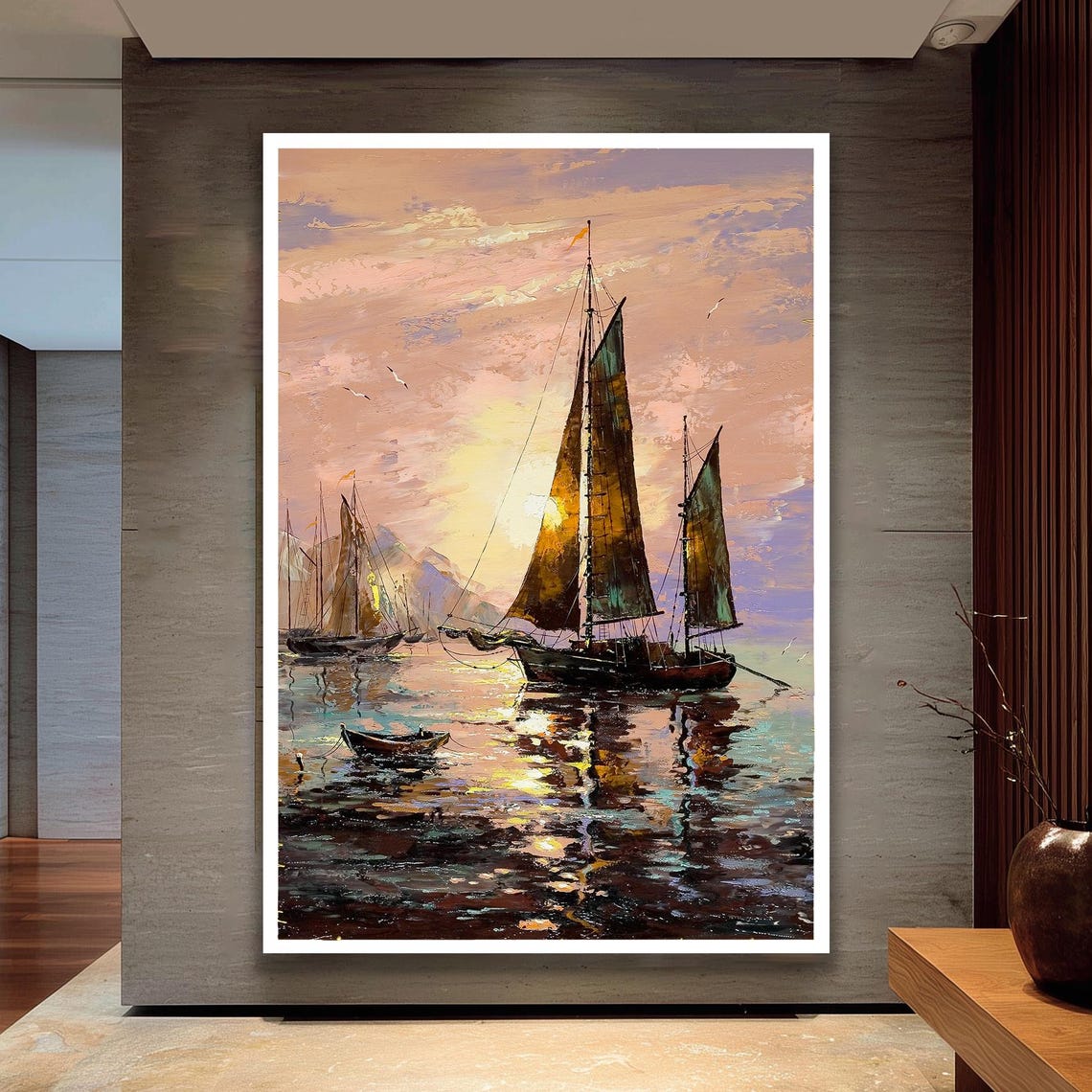 Sunset Sailboats On Calm Water Impressionist Seascape Painting Poster