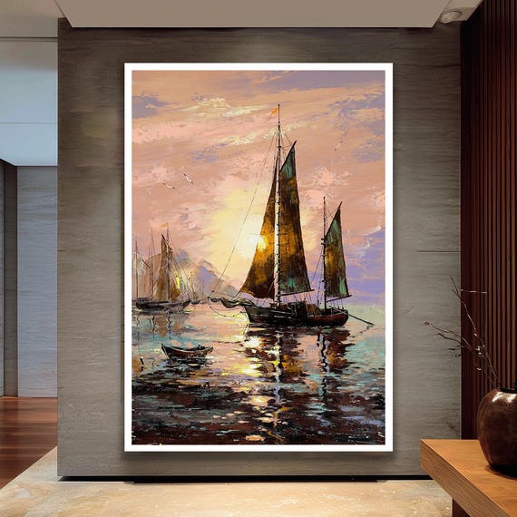 Sailboat Sunset Canvas Art Abstract Seascape Painting Nautical Decor