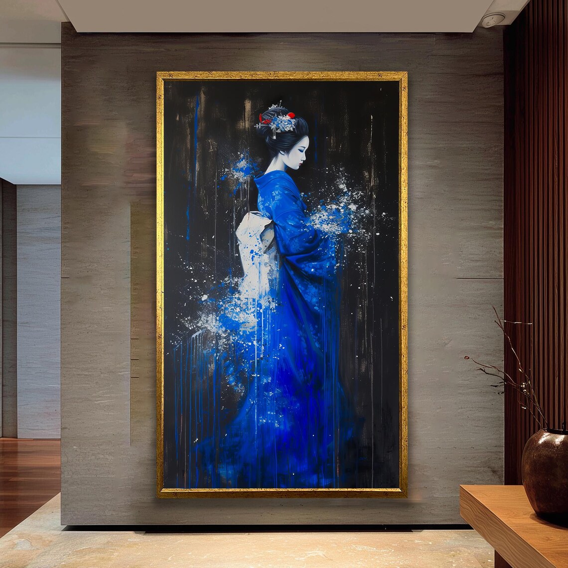 Elegant Geisha in Blue Kimono Against a Black Splatter Art Poster