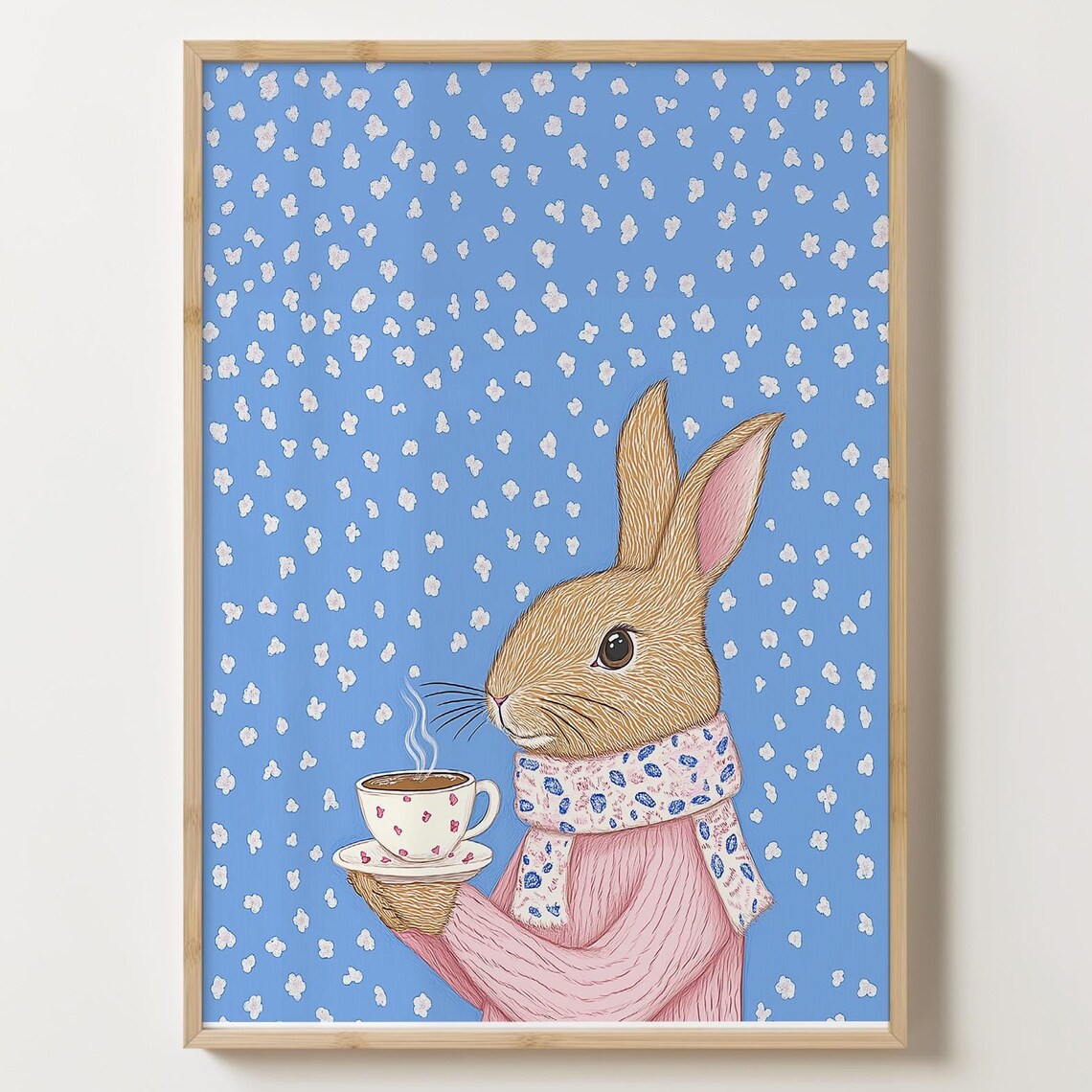Cozy Rabbit In A Pink Sweater Holding A Hot Cup Of Tea Poster