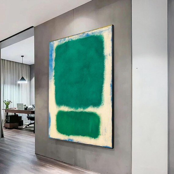 Mark Rothko Geometric Canvas Wall Art Deep Green Blocks With Blue Accents Modern Minimalist Home Decor Textured Contemporary Painting