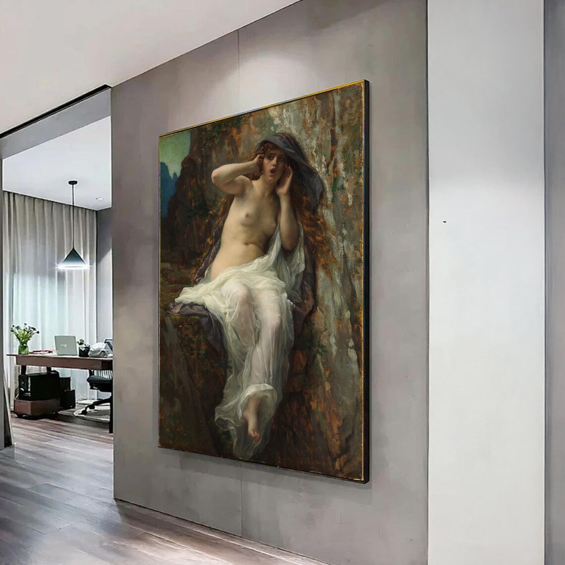 Classic Romantic Nude Woman Seated On Rocks Vintage Oil Painting Poster
